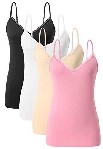 Ymmchy Damen Tanktop mit Spitzen Unterhemd Spaghettiträger Basic Top V-Ausschnitt Verstellbare Trägertop 4er Pack Schwarz/Weiß/Beige/Rosa M von Ymmchy