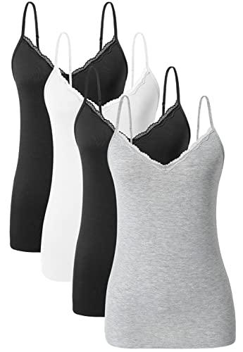 Ymmchy Damen Tanktop mit Spitzen Unterhemd Spaghettiträger Basic Top V-Ausschnitt Verstellbare Trägertop 4er Pack Schwarz/Weiß/Schwarz/Grau L von Ymmchy