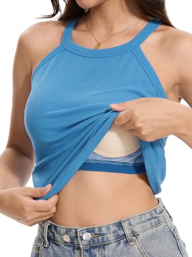 Ymmchy Damen Unterhemd mit Integriertem BH Tank Top Neckholder Ärmellose Oberteile BH Hemden Gerippte Blue L von Ymmchy