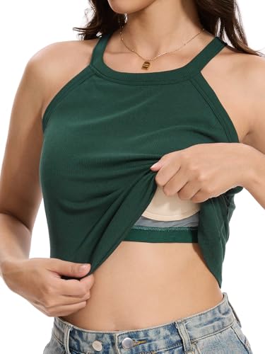 Ymmchy Damen Unterhemd mit Integriertem BH Tank Top Neckholder Ärmellose Oberteile BH Hemden Gerippte Dark Green L von Ymmchy