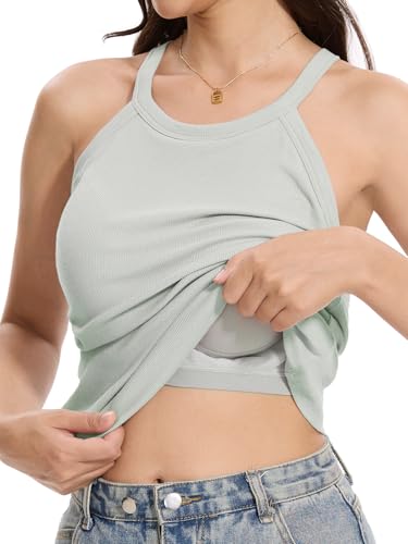 Ymmchy Damen Unterhemd mit Integriertem BH Tank Top Neckholder Ärmellose Oberteile BH Hemden Gerippte Gray XXL von Ymmchy