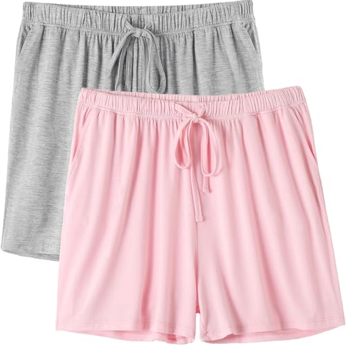 Ymmchy Nachtwäsche Kurze Hose für Damen Weiche Pyjama Shorts Unterteile mit Taschen und Kordelzug 2-Pack Gray/Pink L von Ymmchy