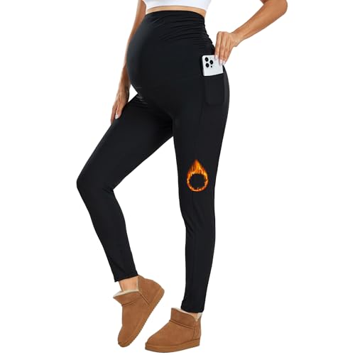 Ymmott Damen Umstandsleggings mit Taschen High Waist Blickdichte Schwangerschaftsleggings Weich Elastisch Umstandsmode Zuhause Maternity Leggings für Schwangere von Ymmott