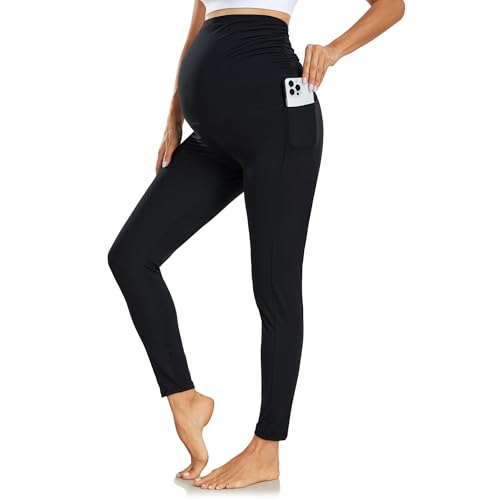 Ymmott Damen Umstandsleggings mit Taschen High Waist Blickdichte Schwangerschaftsleggings Weich Elastisch Umstandsmode Zuhause Maternity Leggings für Schwangere von Ymmott