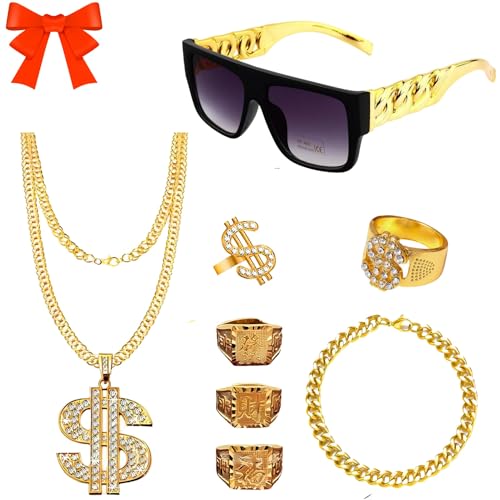 Ymoryiyi 8 Stück Dollar Kette set,80er 90er Jahre Accessoires,Dollar Zeichen Goldkette kit, Hiphop Punk Gold Kette, Goldkette Sonnenbrille Goldring,Hip Hop Kostüm Fasching Accessoires Set von Ymoryiyi