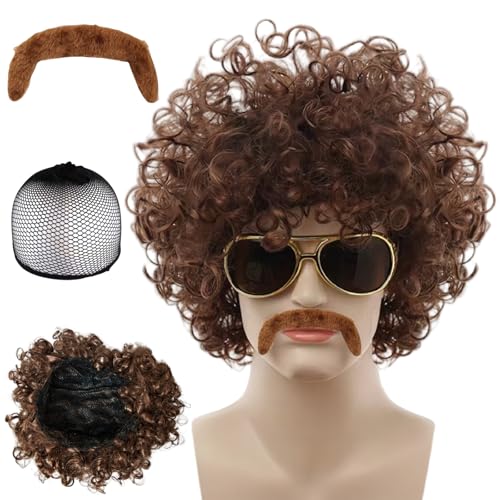Ymoryiyi Afro Perücke Herren mit Schnurrbart - Kurze Locken Perücke in Braun - 70er Jahre Disco Kostüm & Hippie Accessoires für Herren - Perücke Locken für Fasching, Mottoparty, Halloween Ymoryiyi Afro Perücke Herren mit Schnurrbart - Kurze Locken Perücke in Braun - 70er Jahre Disco Kostüm & Hippie Accessoires für Herren - Perücke Locken für Fasching, Mottoparty, Halloween von Ymoryiyi