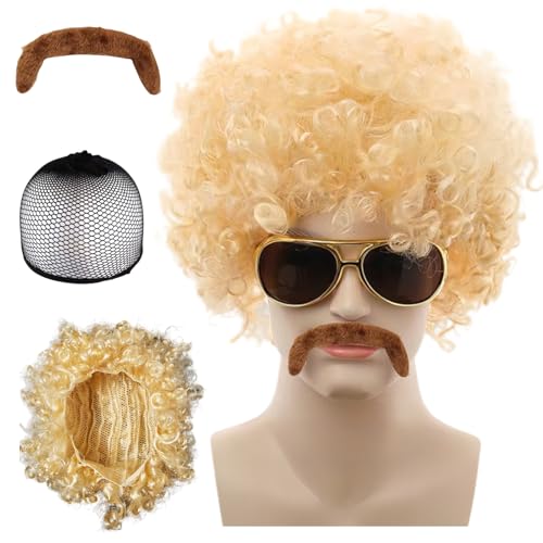 Ymoryiyi Afro Perücke Herren mit Schnurrbart - Kurze Locken Perücke in Gold- 70er Jahre Disco Kostüm & Hippie Accessoires für Herren - Perücke Locken für Fasching, Mottoparty, Halloween von Ymoryiyi