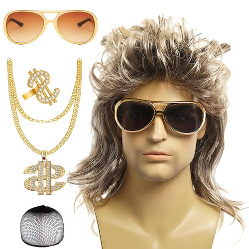 Ymoryiyi Vokuhila Perücke Herren 5er Set 70er 80er 90er Jahre Outfit für Herren Lustiges Hippie Kostüm für 80er Jahre Disco Mottoparty Perücke Herren von Ymoryiyi