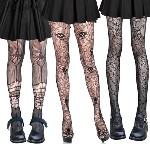 3 Paar Halloween Strumpfhose Damen, Spinnennetz Strumpfhose Damen, Skelett Spider Web Strumpfhose Damen Halloween Leggings Netzstrumpfhose Tag der Toten Kostüm Skelett Damen Karneval Strumpfhose von Ymxil