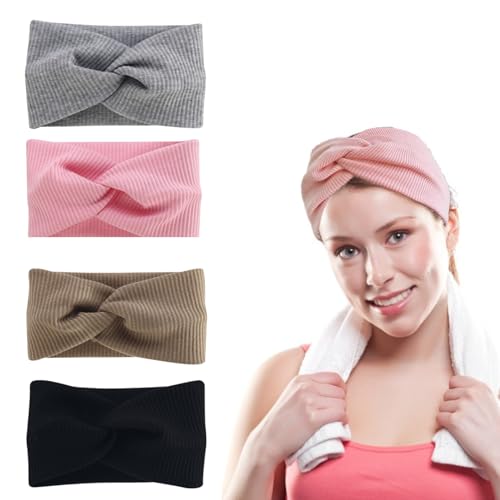 4Stk Elastisch Stirnband Damen Breite Dünn Stirnbänder Schweißabsorbierend Gestrickt Kreuz Kopftuch Stirnband Kinder Mädchen Frühling Haarschmuck für Sport Yoga Laufen (Rosa Schwarz Khaki Hellgrau) 4Stk Elastisch Stirnband Damen Breite Dünn Stirnbänder Schweißabsorbierend Gestrickt Kreuz Kopftuch Stirnband Kinder Mädchen Frühling Haarschmuck für Sport Yoga Laufen (Rosa Schwarz Khaki Hellgrau) von Ymxil