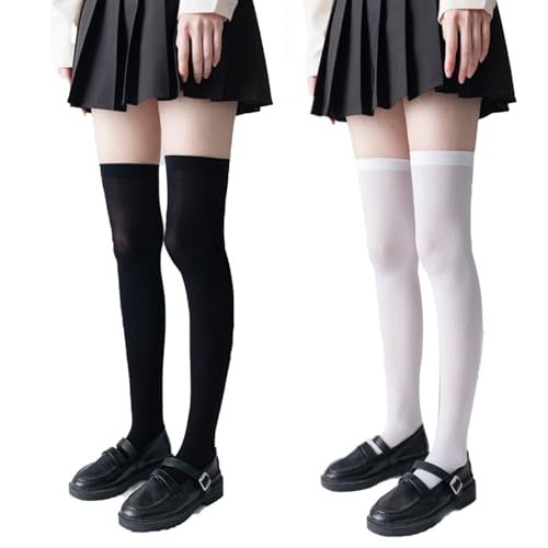 Ymxil 2 Paar Kniestrümpfe Damen, Overknees Strümpfe Thigh Highs Dünne Langen Rohrstrümpfe Seide Socken Damen Mädchen Schule Cosplay Uniform Strümpfe Einheitsgröße für Kurze Röcke (Schwarz Weiß) von Ymxil