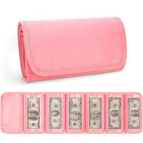 Yncotte Pinker Geldorganizer für Bargeld mit 6 Reißverschlusstaschen, schwarze Geldaufbewahrung für Reisewährungen, Quittungen, Rechnungen, Budgeting, rose von Yncotte