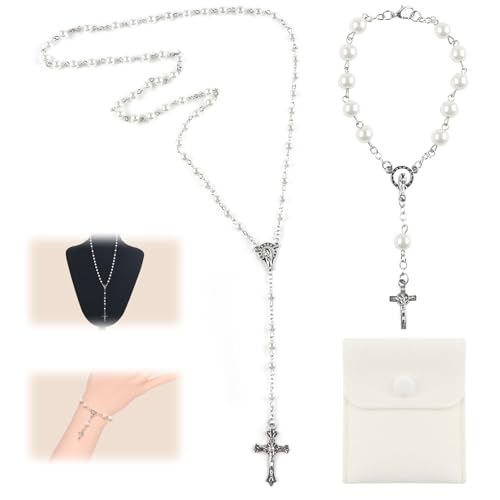 YnewL 2 Stück Rosenkranz Katholisch, Rosary Armbänder und Halsketten-Firmung Geschenke Mädchen, Kunstperlen Rosenkranz Kette mit Samt Geschenkbeutel, Taufe Kommunion Hochzeit/Party von YnewL