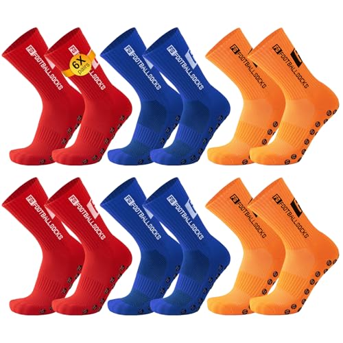 YnewL 6 Paare Fußball Socken, Sport socken 39-46 Anti Rutsch Grip Fussball Socken Rutschfeste Fußballsocken für Herren Damen Fussball Basketball Laufen Radfahren(Blau, Rot, Orange) von YnewL