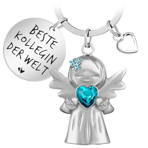 YnewL Beste Kollegin Schlüsselanhänger Schutzengel Glücksbringer Matt mit Edelsteinen, mit Herz und Gravur - Abschied Kollege Abschiedsgeschenk(Blau) von YnewL