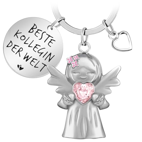 YnewL Beste Kollegin Schlüsselanhänger Schutzengel Glücksbringer Matt mit Edelsteinen, mit Herz und Gravur - Abschied Kollege Abschiedsgeschenk(Rosa) von YnewL