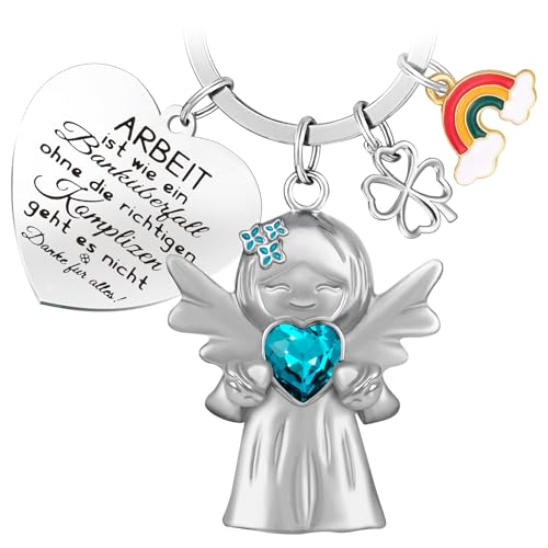 YnewL Beste Kollegin Schlüsselanhänger Schutzengel Glücksbringer Matt mit Edelsteinen, mit Regenbogen Vierblättriges Kleeblatt und Gravur-Abschied Kollege Abschiedsgeschenk(Blau) von YnewL