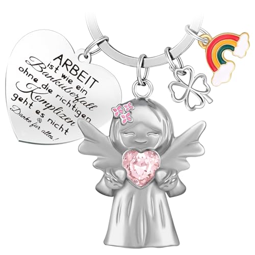 YnewL Beste Kollegin Schlüsselanhänger Schutzengel Glücksbringer Matt mit Edelsteinen, mit Regenbogen Vierblättriges Kleeblatt und Gravur-Abschied Kollege Abschiedsgeschenk(Rosa) von YnewL