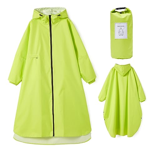 Ynport Crefreak Damen Lange Wasserdichte Regenmäntel Leichter Regenponcho Packbare Outdoor-Regenbekleidung mit Kapuze Windjacke mit Ärmeln und Tasche, Fluoreszierendes Grün von Ynport Crefreak