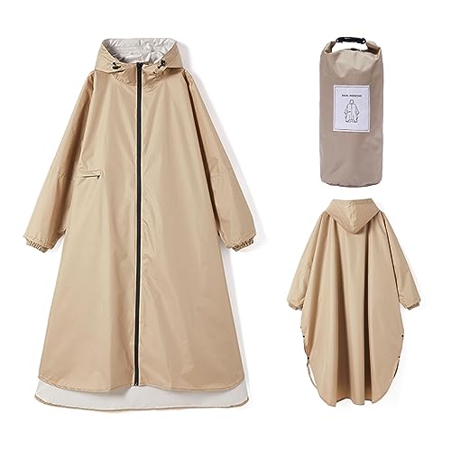 Ynport Crefreak Damen Lange Wasserdichte Regenmäntel Leichter Regenponcho Packbare Outdoor-Regenbekleidung mit Kapuze Windjacke mit Ärmeln und Tasche, Helles Khaki von Ynport Crefreak