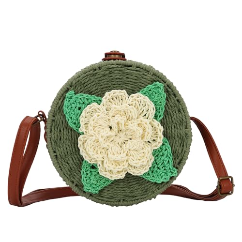 Ynport Crefreak Damen Runde Strohtasche Handgewebte Strand Crossbody Umhängetasche Geldbörse Natural Chic Handtasche Kreis Boho Tasche für Urlaub Dating Strand, Grün von Ynport Crefreak