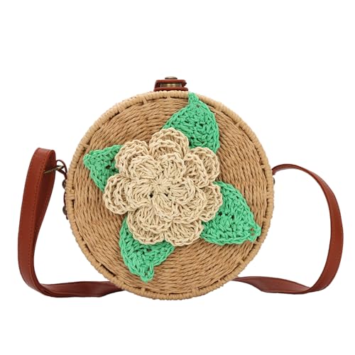 Ynport Crefreak Damen Runde Strohtasche Handgewebte Strand Crossbody Umhängetasche Geldbörse Natural Chic Handtasche Kreis Boho Tasche für Urlaub Dating Strand, Khaki von Ynport Crefreak