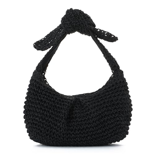 Ynport Crefreak Damen Strandtasche aus Stroh - Sommer Hobo Umhängetasche mit Schleifendetail, Handtasche mit Tragegriff oben für den Reiseurlaub, Schwarz von Ynport Crefreak