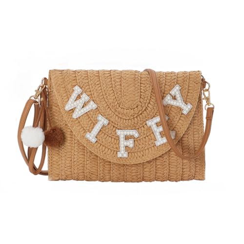 Ynport Crefreak Damen Stroh Clutch Handtasche Geldbörse gewebter Umschlag Shouler Tasche Strass Hochzeit Urlaub Clutch Geldbörse Flitterwochen Geschenk für Ehefrau, Khaki WIFEY von Ynport Crefreak