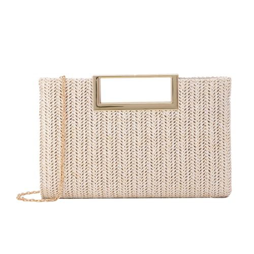 Ynport Crefreak Damen Stroh Clutch Sommer Stroh Dinner Schultertasche mit Metallkette Quadratische Tragetasche Gewebte Handtasche für Hochzeitsfeier, Beige von Ynport Crefreak