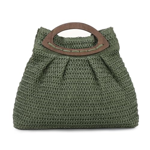 Ynport Crefreak Damen Stroh Handtasche - Gewebte Sommer Strand Einkaufstasche Reise Stroh Geldbörse Tasche mit Holzgriff für Party Urlaub, Grün von Ynport Crefreak