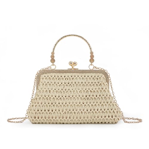 Ynport Crefreak Damen Stroh Retro Handtasche Vintage Top Handle Tasche Kiss Lock Clip Crossbody Umhängetasche Sommer gewebte Strandtasche Geldbörse mit Kettenriemen, Beige von Ynport Crefreak
