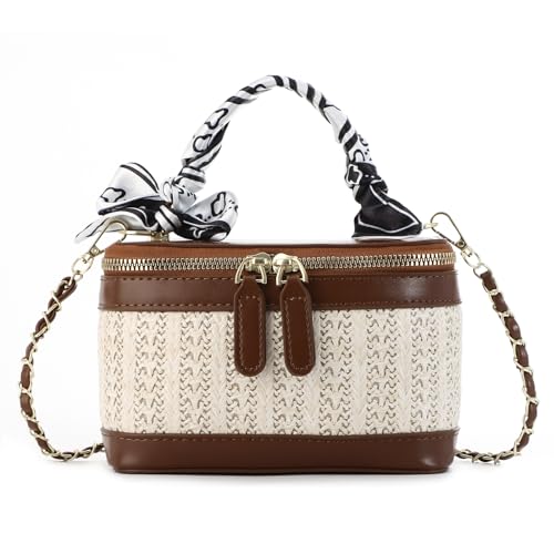 Ynport Crefreak Damen Stroh Umhängetasche Kleine Stroh Handtasche Elegante Quadratische Tasche mit Henkel Modische Eimer Umhängetasche, Braun von Ynport Crefreak