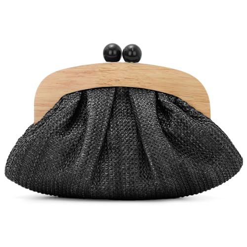 Ynport Crefreak Damen Woven Straw Clutch Geldbörse – Elegante gehäkelte Abendtasche, Sommer Strand Crossbody Handtasche für Hochzeiten und Partys, Schwarz von Ynport Crefreak