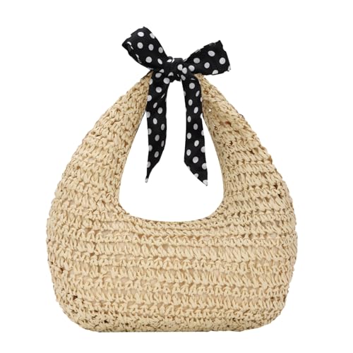 Ynport Crefreak Frauen Geknotete Stroh Handtasche Sommer Strandtasche Gewebte Abendhandtasche Runde Boho Stroh Clutch Tasche Geldbörse für Urlaub Dating Strand, Beige von Ynport Crefreak