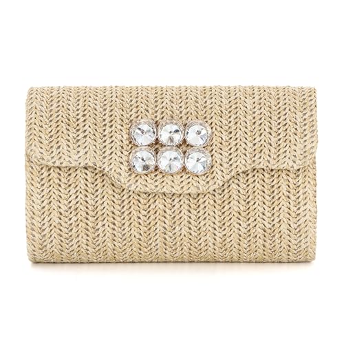 Ynport Crefreak Stroh Clutch Geldbörsen für Damen - Sommer Strandtasche Raffia Crossbody Geldbörse Abend Gewebte Umschlag Handtasche mit Diamant für formelle Party Hochzeit, Khaki von Ynport Crefreak
