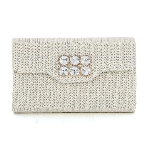 Ynport Crefreak Stroh Clutch Geldbörsen für Damen - Sommer Strandtasche Raffia Crossbody Geldbörse Abend Gewebte Umschlag Handtasche mit Diamant für formelle Party Hochzeit, Weiß von Ynport Crefreak