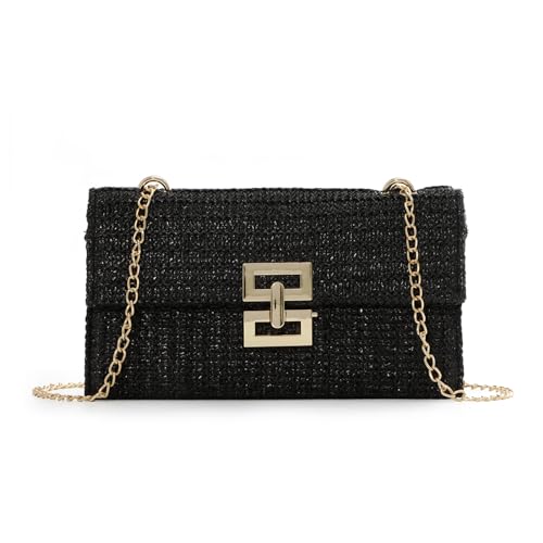 Ynport Crefreak Stroh Umhängetasche für Damen Sommer Stroh Umhängetasche Strand Gewebte Geldbörse Weidengeflecht Rattan Umschlag Party Handtasche, Schwarz von Ynport Crefreak