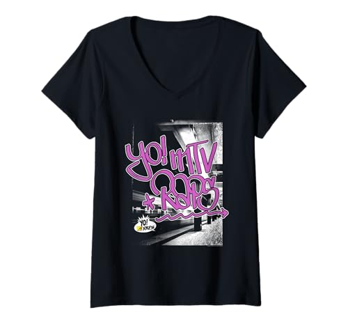 Damen Yo! MTV Raps NYC Subway Photo with Graffiti Retro TV T-Shirt mit V-Ausschnitt Damen Yo! MTV Raps NYC Subway Photo with Graffiti Retro TV T-Shirt mit V-Ausschnitt von Yo! MTV Raps