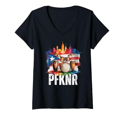 Damen PFKNR Salsadrum mit Flagge von Puerto Rico PR Pride Boricua T-Shirt mit V-Ausschnitt Damen PFKNR Salsadrum mit Flagge von Puerto Rico PR Pride Boricua T-Shirt mit V-Ausschnitt von Yo Soy Purto Rican Taino Roots Music Graphic Co.