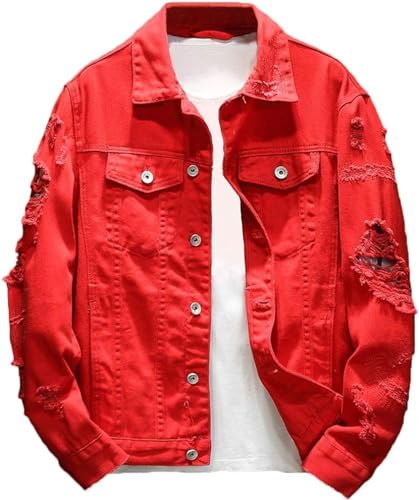 YoKima Herren Distressed Denim Jacke Casual Ripped Löcher Knopf Down Trucker Jacke Jean Jacke(Rot,X-Large) von YoKima
