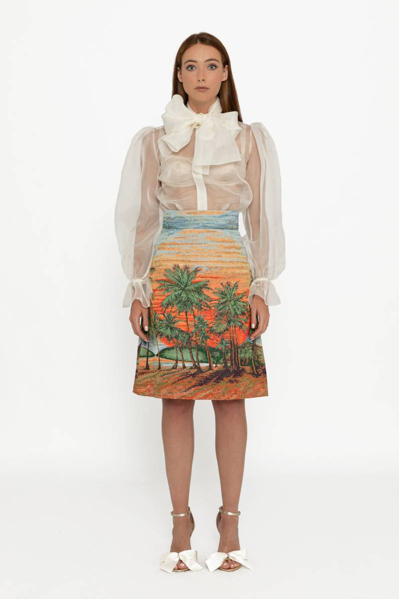 Ausgestellter Jacquardrock Mit Palmenprints, „A"-Rock, Minirock, Kurzer Rock, Hochzeitsrock, Zeremonienrock, Arbeitsrock, Boho, Ausgestellter Rock von YoNegrita