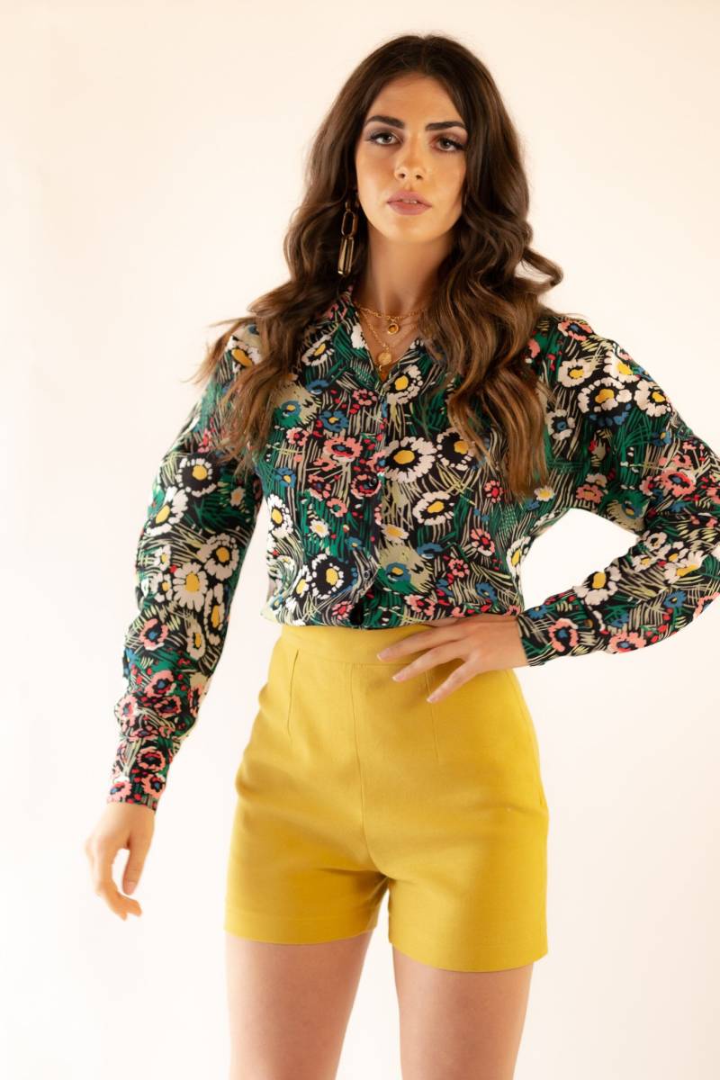 Senfgelbe Damenshorts, Damen-Baumwollshorts, Hoch Taillierte Shorts, Elegante Gelbe Baumwollshorts, Abendmode von YoNegrita