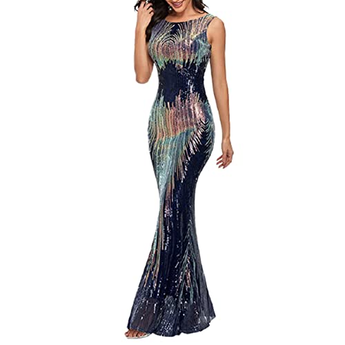 Yoaa Elegante Bodycon Split Maxi Kleider Pailletten Abendkleid V-Ausschnitt Pailletten Ärmellos Glänzendes Partykleid für Damen von Yoaa