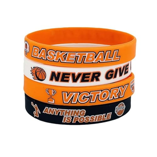 Inspirierendes Basketball-Gummi-Armband mit Aufschrift "Never Give Up Anything is possible", inspirierende, motivierende Silikon-Sportarmbänder für Damen und Herren, 4 Stück von Yocoyee