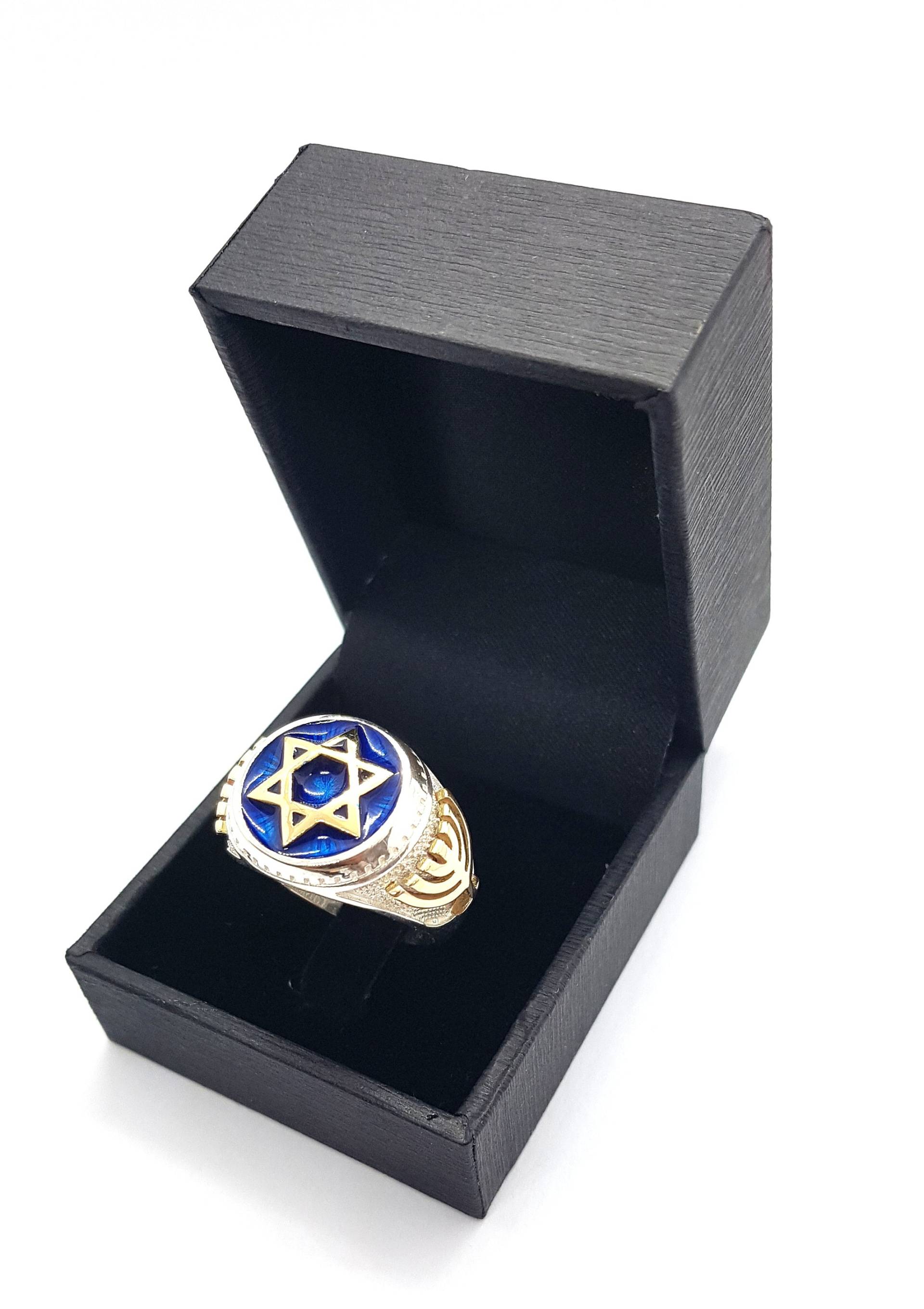 925 Silber 9K Gold Davidstern Ring Mit Blauer Emaille, Menorah Ring, Emaille Herren von YoelsJewelry