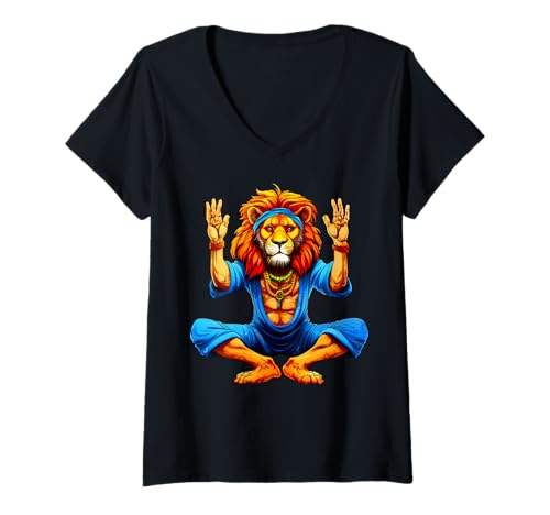 Damen Löwen Yoga T-Shirt mit V-Ausschnitt Damen Löwen Yoga T-Shirt mit V-Ausschnitt von Yoga Animals