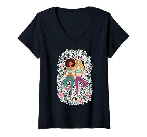 Damen Soulful Bloom Yoga Damen Empowering Poses T-Shirt mit V-Ausschnitt von Yoga Balance Floral Serenity Friends