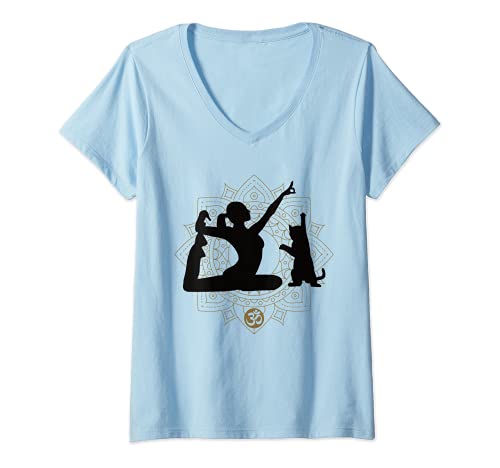 Damen Lustiges Yoga mit Katze | Mandala Om Namaste Yogi T-Shirt mit V-Ausschnitt von Yoga Cat Geschenkidee für Katzen & Yoga Liebhaber