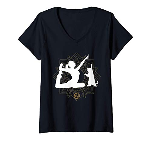 Damen Lustiges Yoga mit Katze | Mandala | Om | Namaste Yogi T-Shirt mit V-Ausschnitt von Yoga Cat Geschenkideen für Katzen & Yoga Liebhaber