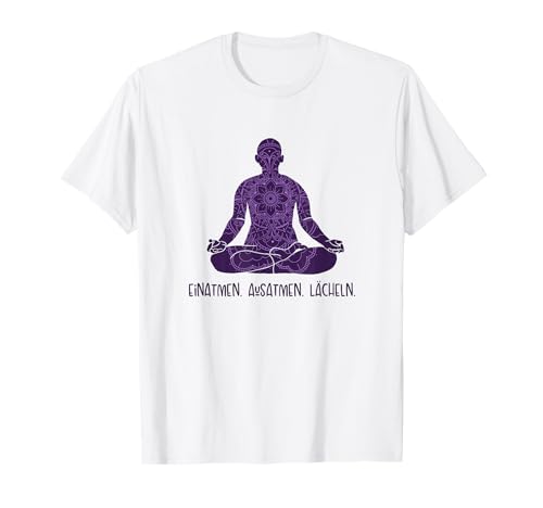 Yoga Damen Zubehör Set Geschenke für Anfänger Yogi Einatmen Ausatmen Lächeln Hatha Asanas Kundalini Yoga T-Shirt Weiß Cartoon U-Ausschnitt Kurzarm Klein EU 15-16 S von Yoga Damen Zubehör Set Geschenke für Anfänger Yogi